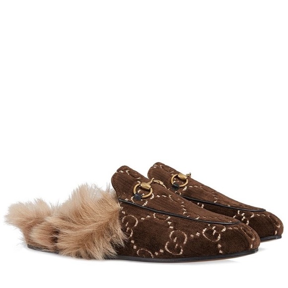 Gucci Shoes - GUCCI PRINCETOWN VELVET GG SLIPPERS WITH LAMB FUR